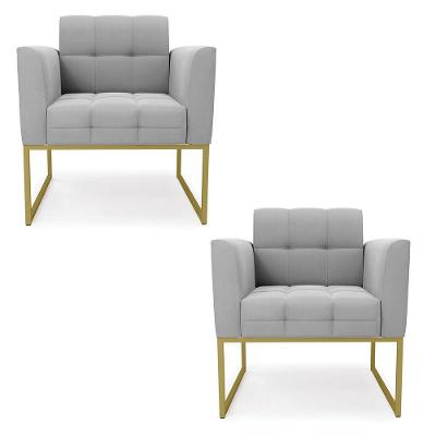 Kit 2 Poltronas Elisa Suede Base Metálica Industrial Dourado D03 - DRossi Cinza