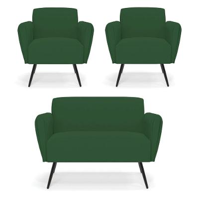 Sofá Namoradeira Com 2 Poltronas Pés Palito De Ferro Bruna Veludo D01 - DRossi Verde