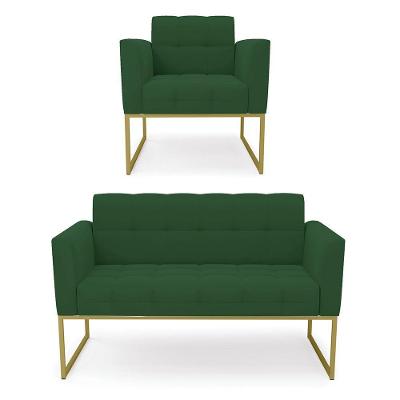 Kit 1 Sofá Namoradeira E 1 Poltrona Elisa Veludo Verde Base Metálica Industrial Dourado D03 - DRossi