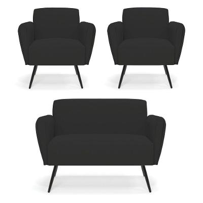 Sofá Namoradeira Com 2 Poltronas Pés Palito De Ferro Bruna Veludo D01 - DRossi Preto