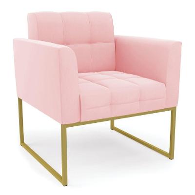 Poltrona Elisa Suede Rosa Bebê Base Metálica Industrial Dourado D03 - DRossi
