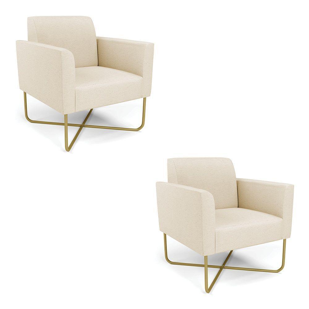 Kit 2 Poltronas Base X Industrial Dourado Marisa Linho Bege A19 D03 - DRossi - 1