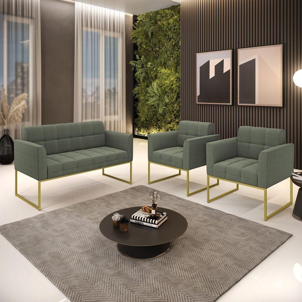 Namoradeira E 2 Poltronas Industrial Dourado Elisa Bouclê Verde Pistache D03 - DRossi - 10