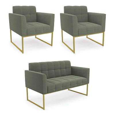 Namoradeira E 2 Poltronas Industrial Dourado Elisa Bouclê Verde Pistache D03 - DRossi