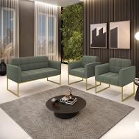 Namoradeira E 2 Poltronas Industrial Dourado Elisa Bouclê Verde Pistache D03 - DRossi - 10