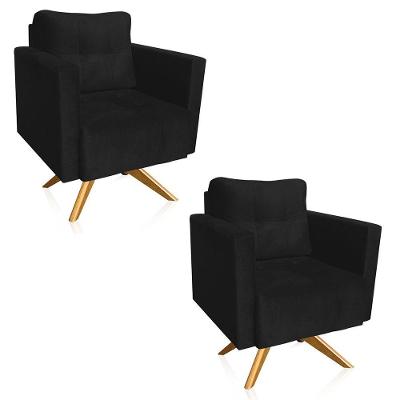 Kit 2 Poltronas Giratória Livia Suede Base De Madeira Ma30 D01 - DRossi Preto