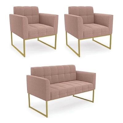 Namoradeira E 2 Poltronas Industrial Dourado Elisa Bouclê Rosê D03 - DRossi