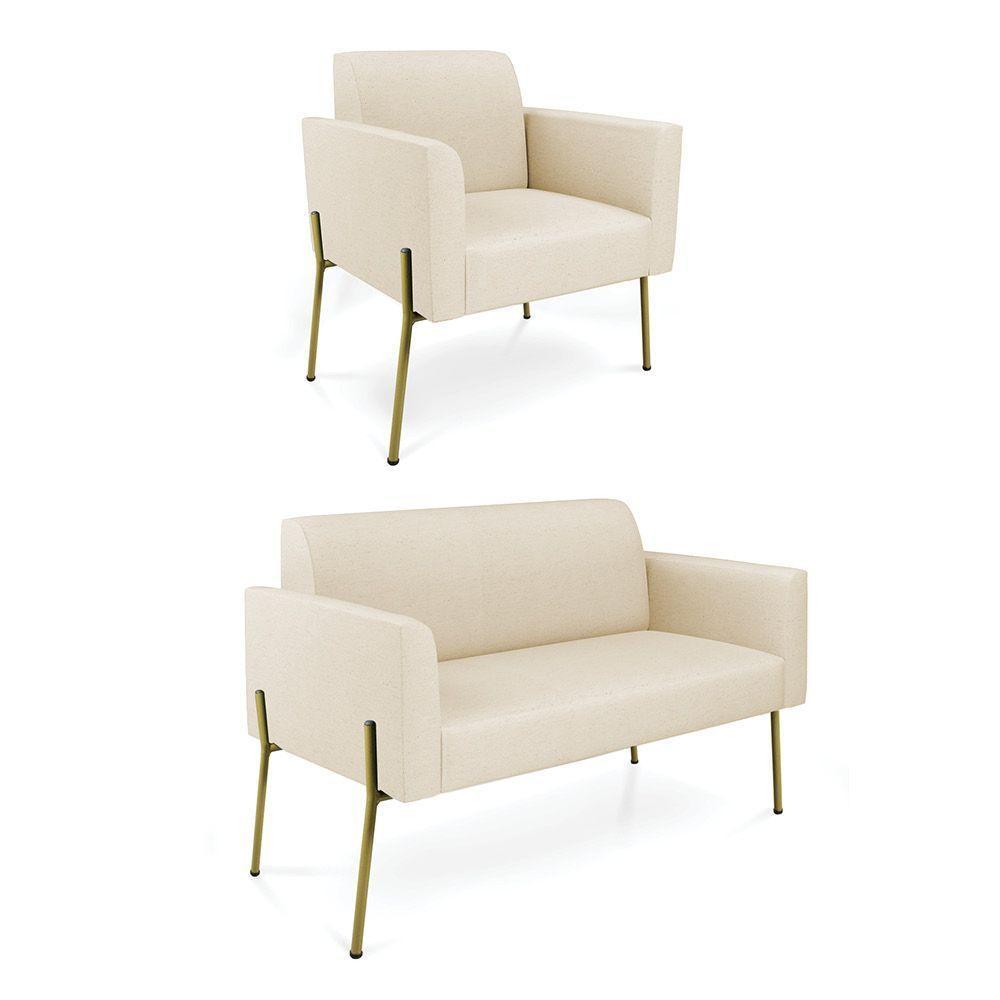 Sofá Namoradeira E Poltrona Pé De Ferro Dourado Marisa Linho Bege - 1