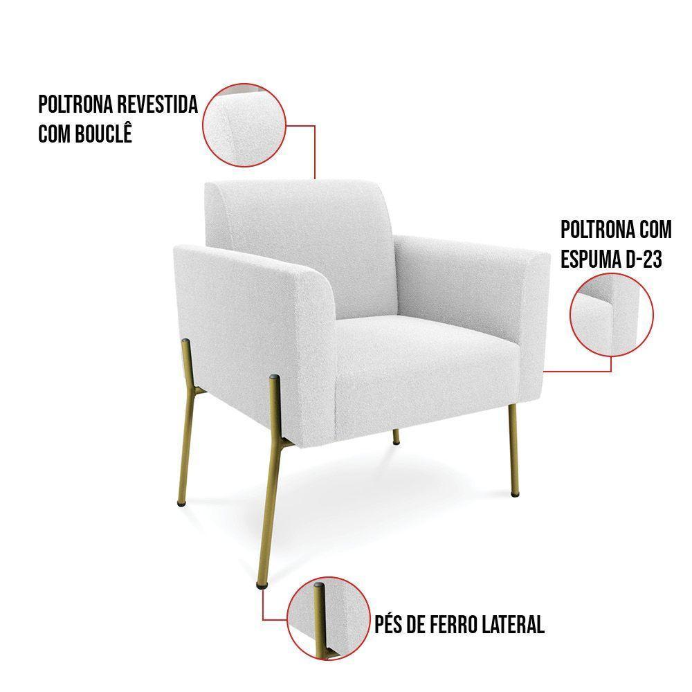 Poltrona Sala Estar Pé Ferro Dourado Kit 2 Marisa Bouclê Off White D03 - DRossi - 4