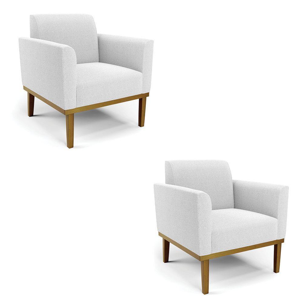 Poltrona Sala Base Madeira Castanho Kit 2 Marisa Bouclê Off White D03 - DRossi - 1