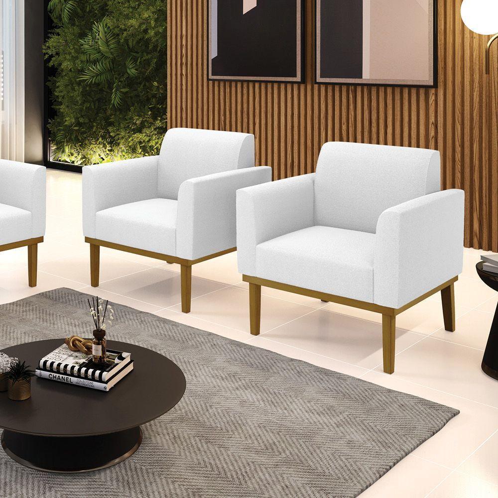 Poltrona Sala Base Madeira Castanho Kit 2 Marisa Bouclê Off White D03 - DRossi - 2