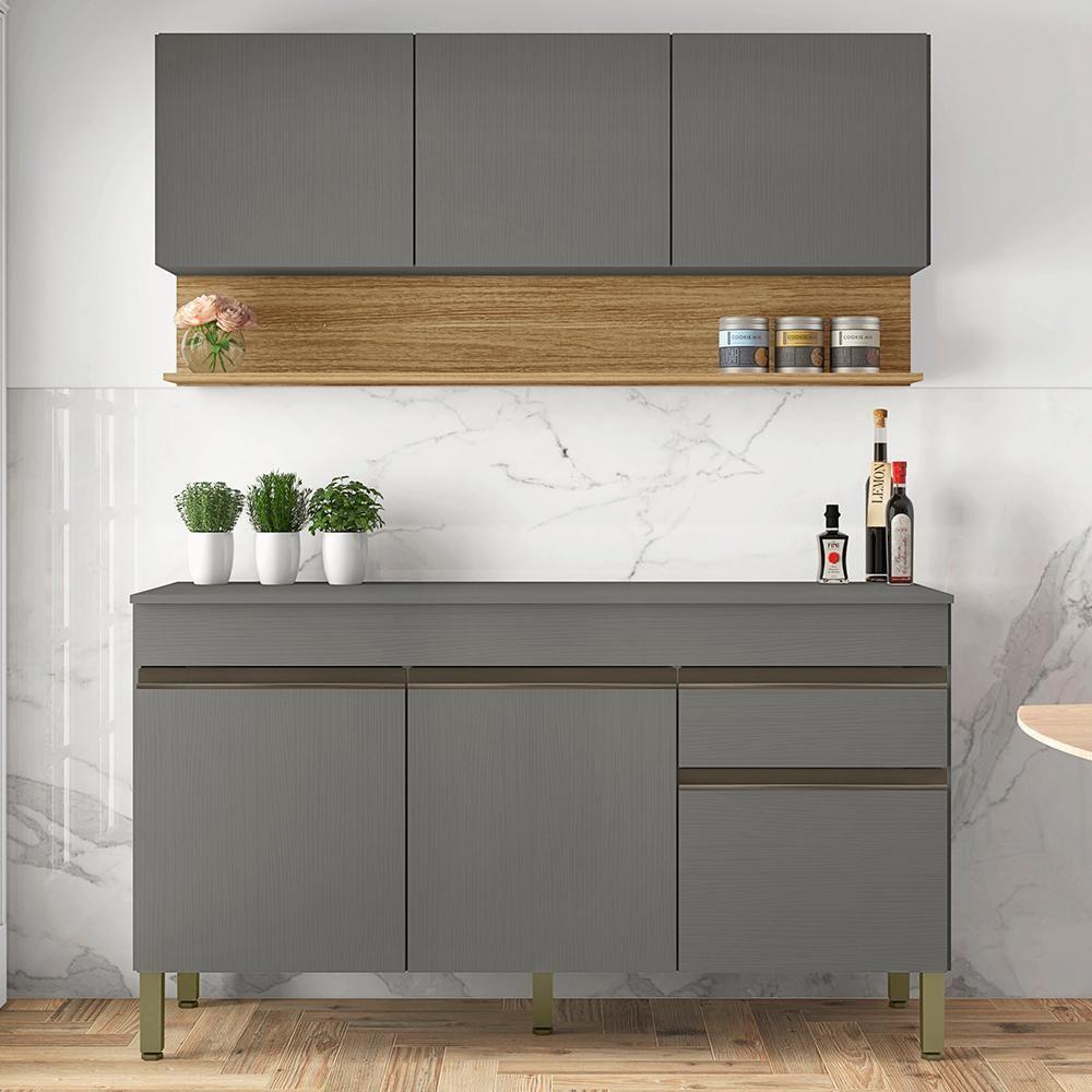 Balcao Com Tampo E Armario Aereo 150 Cm Line Gris Cp Freijo Ktp - 2