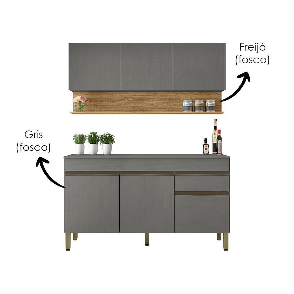 Balcao Com Tampo E Armario Aereo 150 Cm Line Gris Cp Freijo Ktp - 5