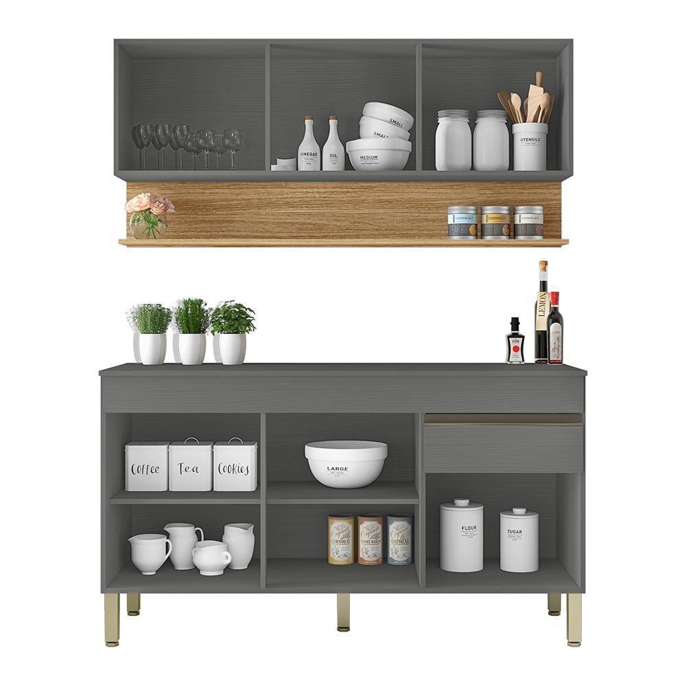 Balcao Com Tampo E Armario Aereo 150 Cm Line Gris Cp Freijo Ktp - 6