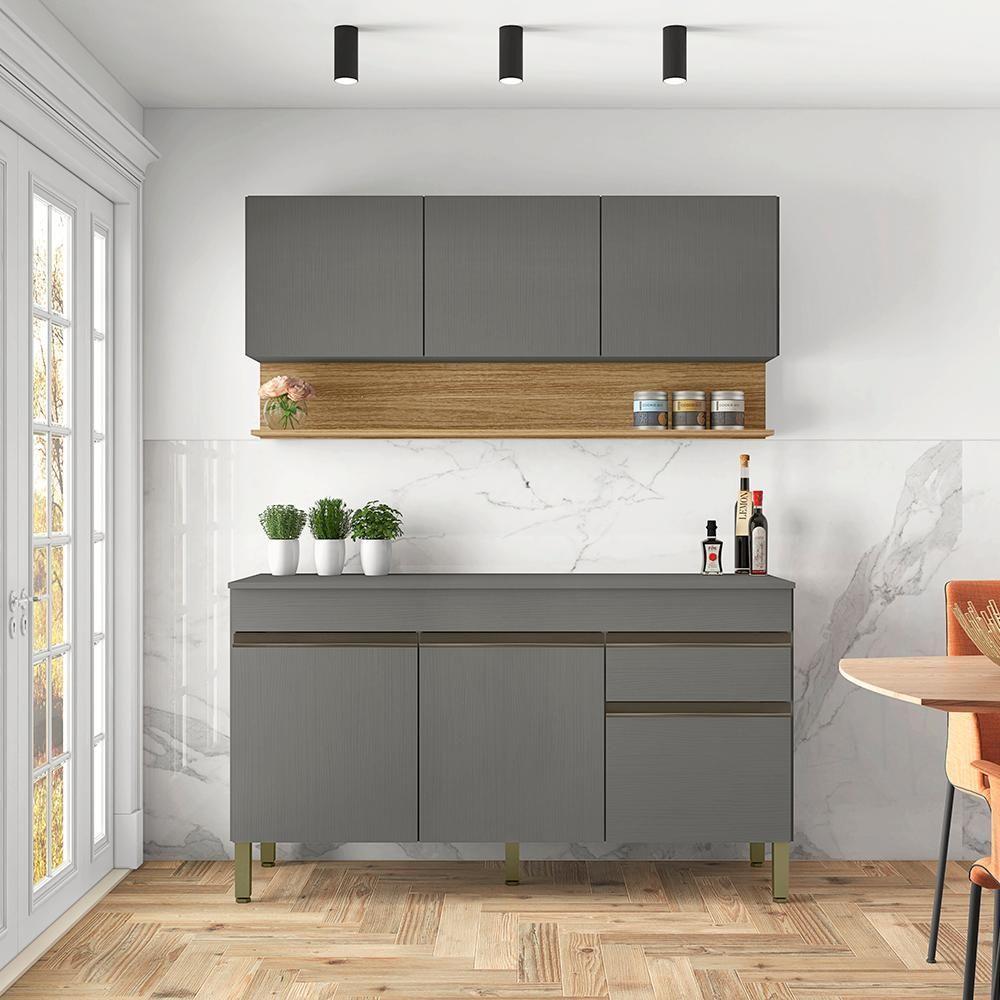 Balcao Com Tampo E Armario Aereo 150 Cm Line Gris Cp Freijo Ktp - 7