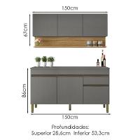 Balcao Com Tampo E Armario Aereo 150 Cm Line Gris Cp Freijo Ktp - 3