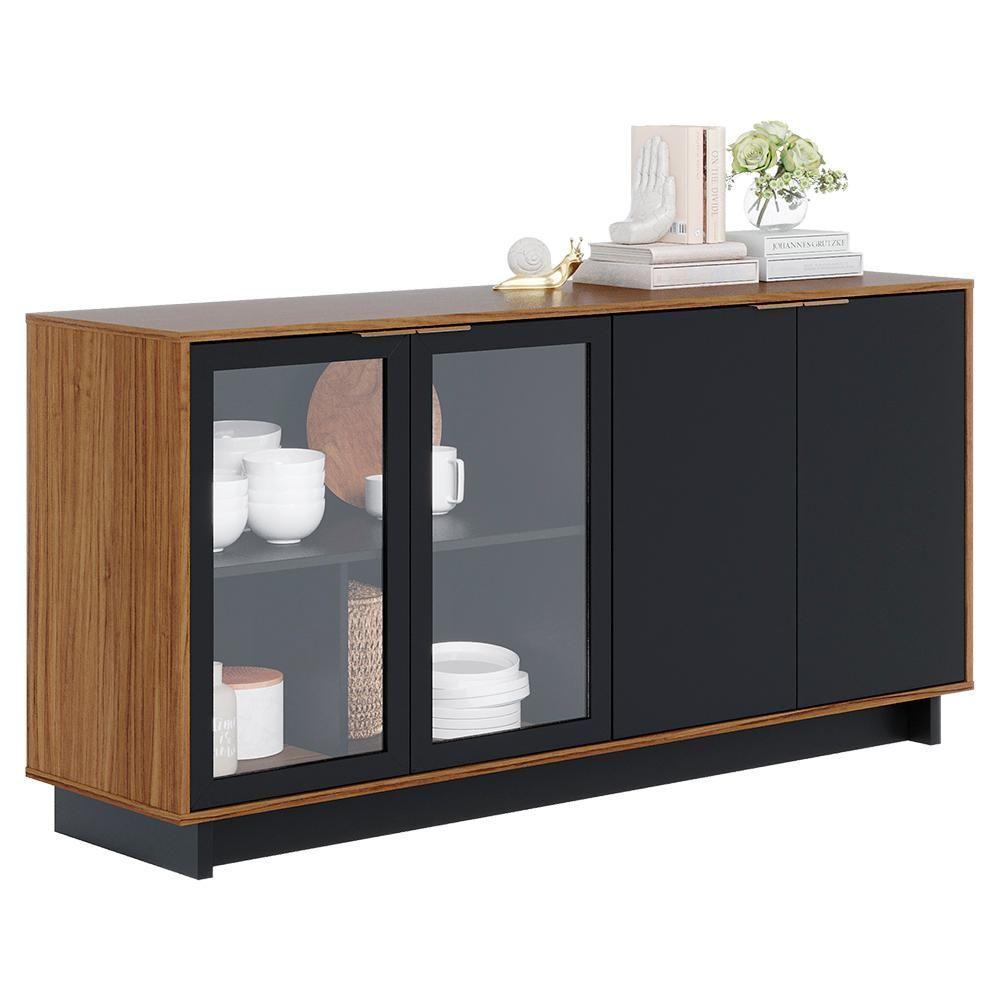 Balcao Aparador Buffet 4 Portas 160 Cm Vitoria Noce Milano Preto Colibri - 1