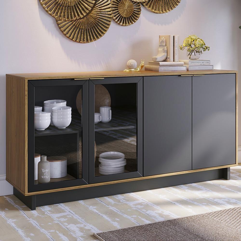Balcao Aparador Buffet 4 Portas 160 Cm Vitoria Noce Milano Preto Colibri - 2