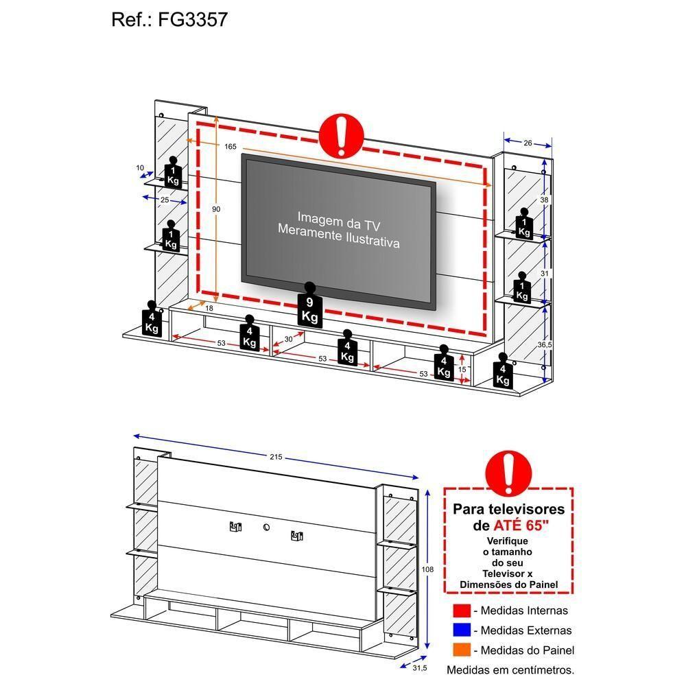 Painel Com Suporte E Espelho Para Tv Até 65´´ Nairobi Plus Fg3357 Preto - 3