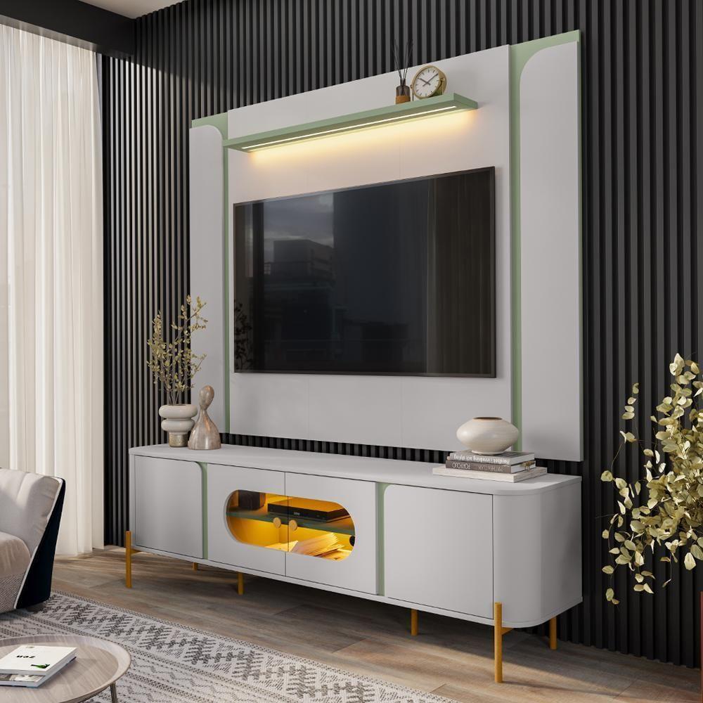 Painel Maresias E Rack Juquehy Tv 75 Pol 180 Cm Off White Pistache Bechara Off White Pistache - 9