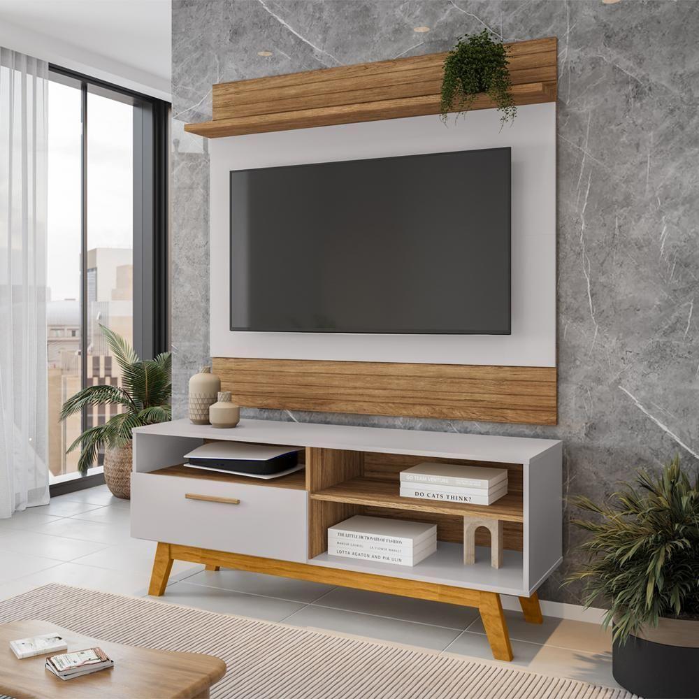 Painel Guaruja E Rack Paladio Tv 55 Pol 136 Cm Cinamomo Off White Bechara - 6