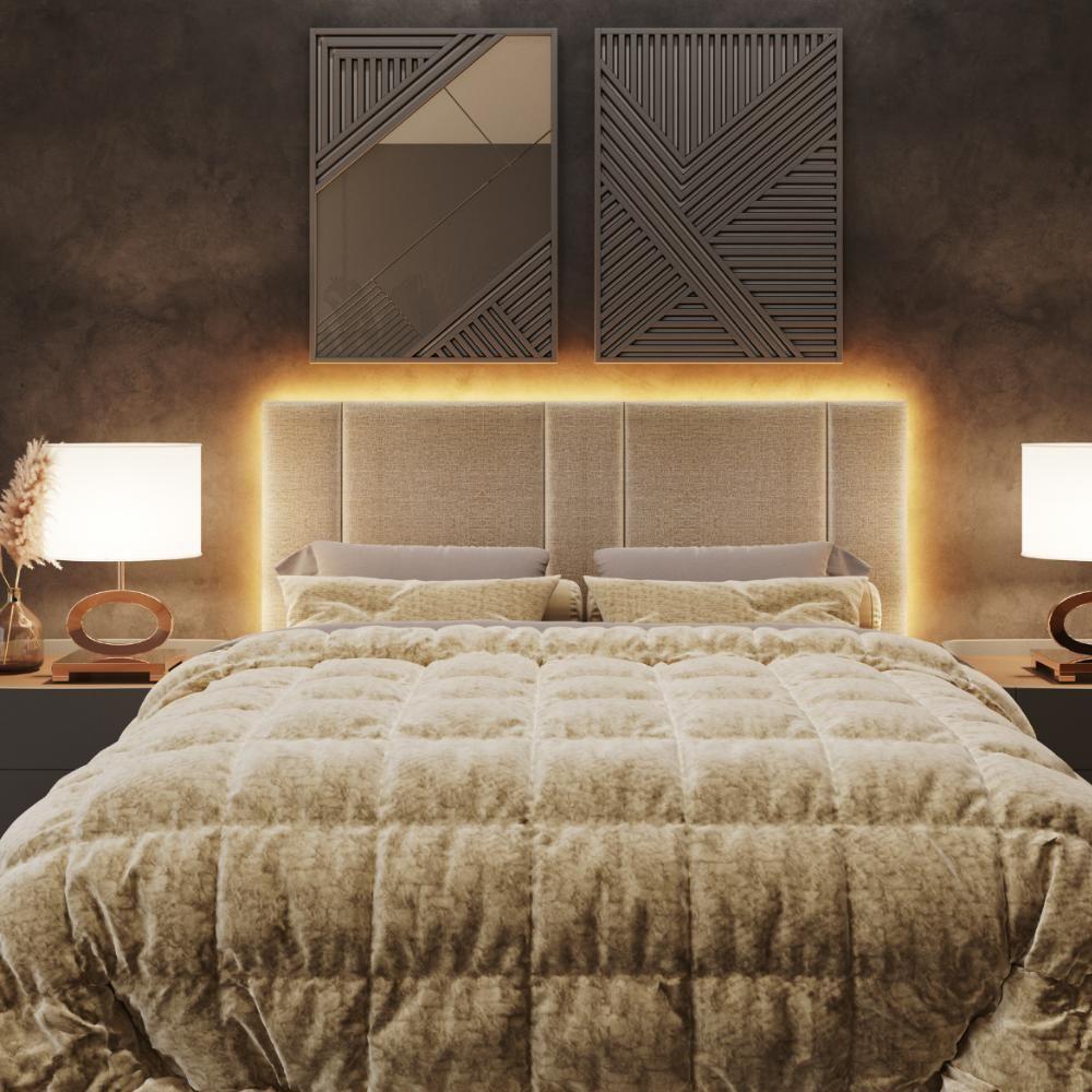 Cabeceira Modulada Casal Queen 160 Cm Com Led Linho Bege Vconcept - 2