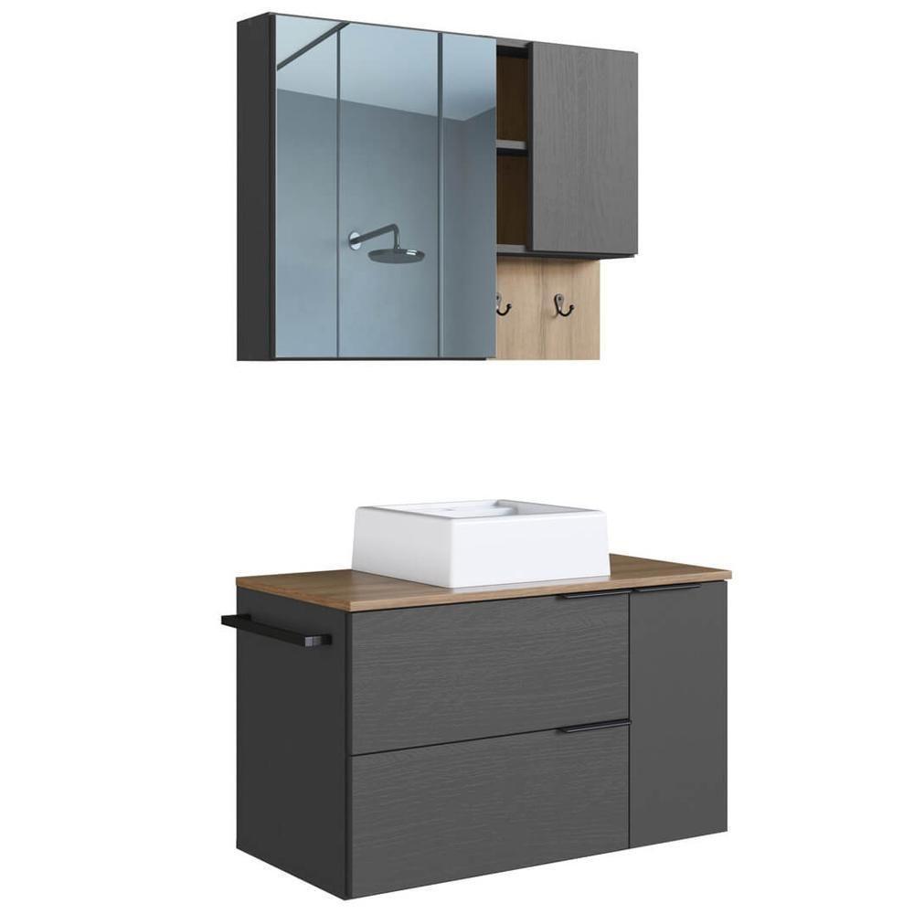 Conjunto Gabinete Com Cuba E Espelheira 80cm Mel Grafite Proddy Mel - 1