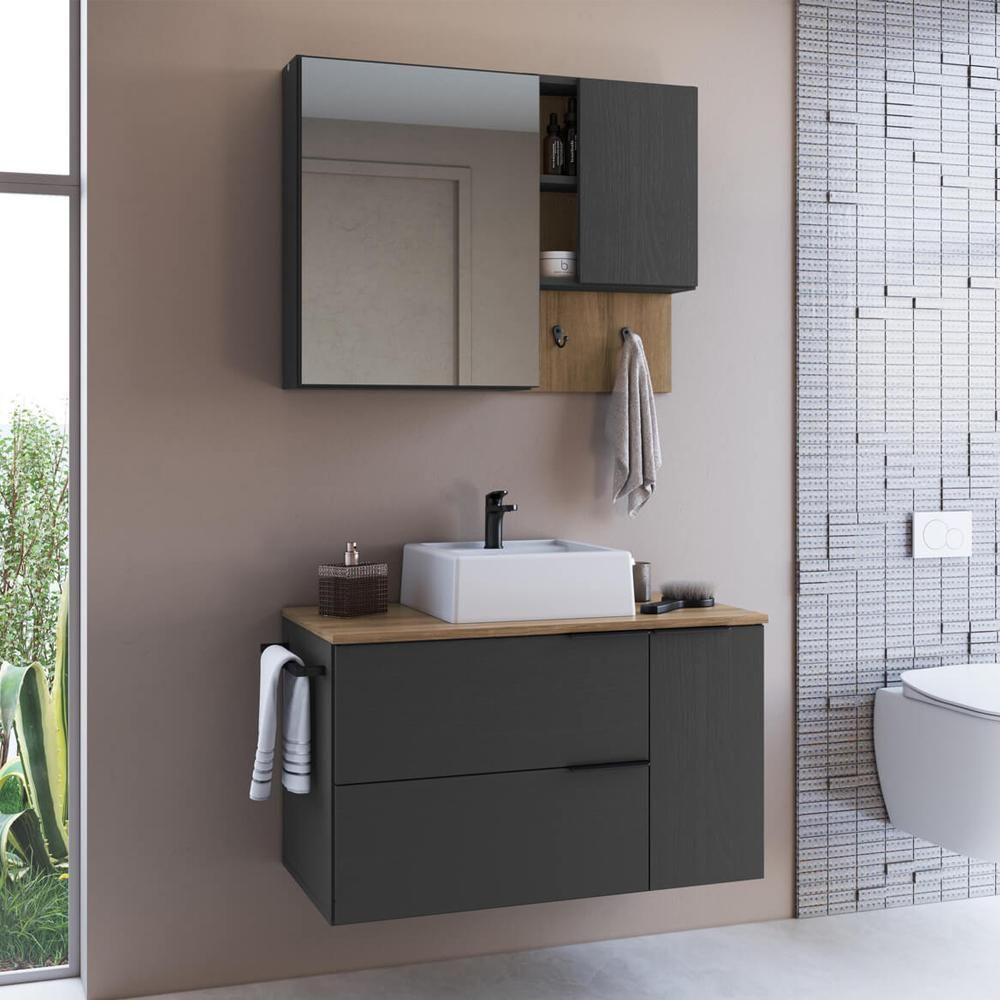 Conjunto Gabinete Com Cuba E Espelheira 80cm Mel Grafite Proddy Mel - 2