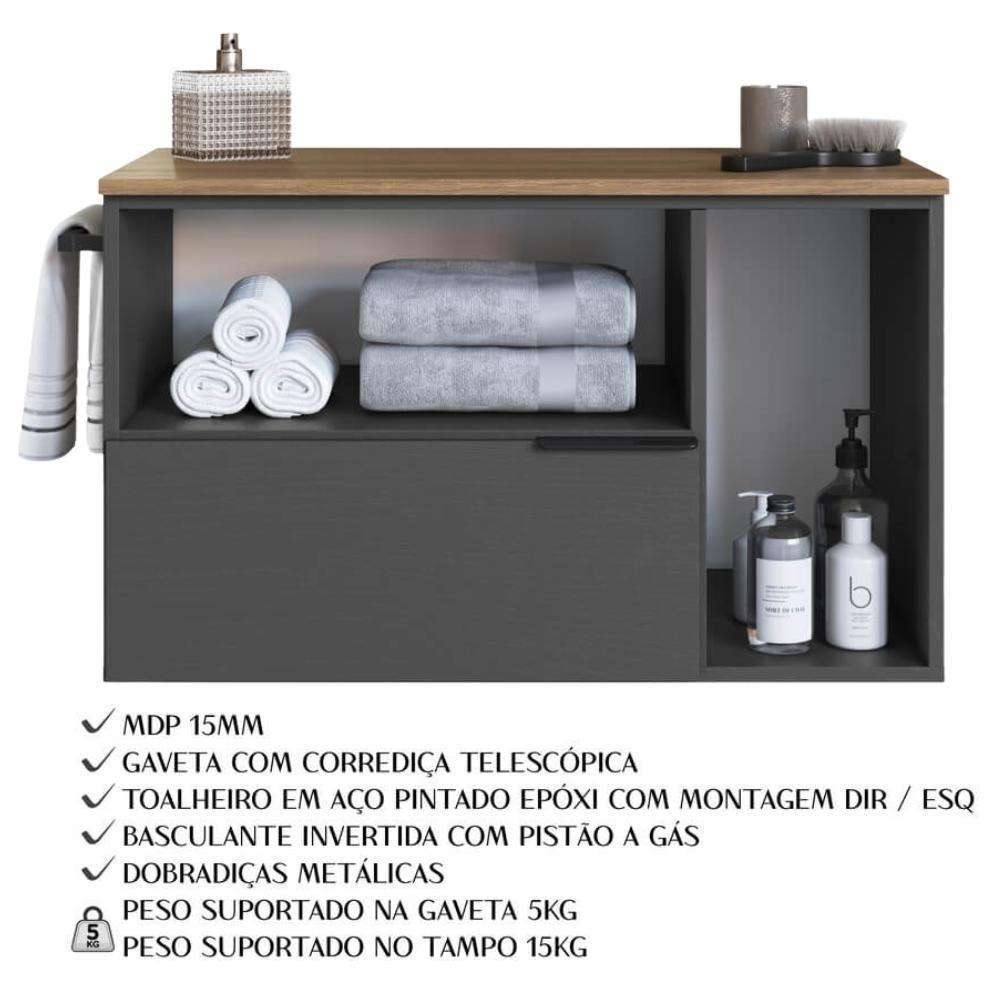 Gabinete Para Banheiro 02 Portas 01 Gaveta 80cm Mel Grafite Proddy Mel - 4