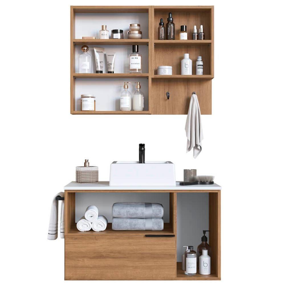 Conjunto Gabinete Com Cuba E Espelheira 80cm Mel Branco Arenas Proddy Mel - 2