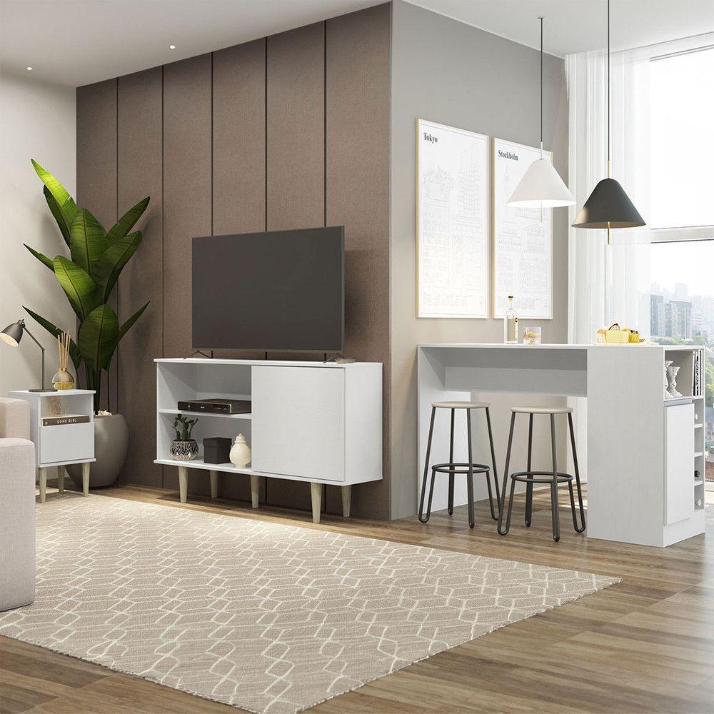 Kit Sala Integrada Rack Mesa Lateral Bancada Menu Móveis Branco - 1