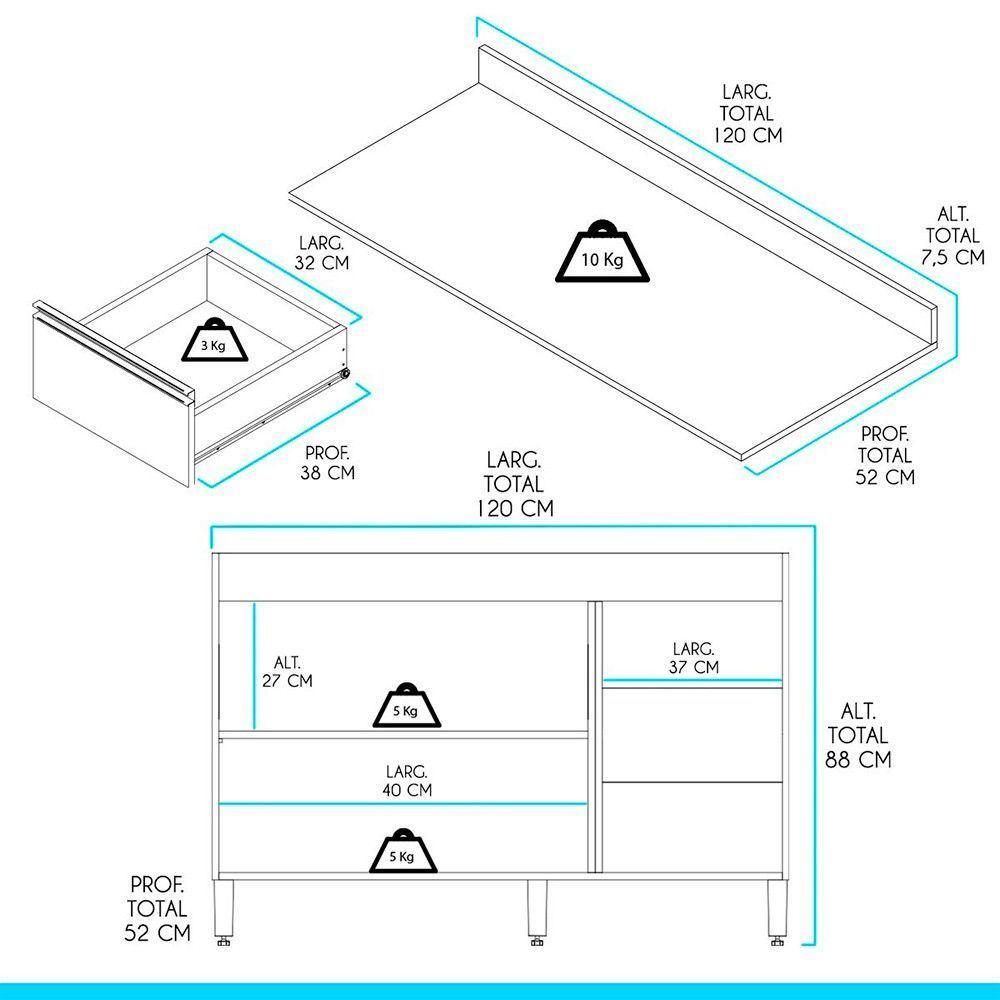 Balcão De Cozinha Com Tampo Sabrina 120cm Mdp Menu Móveis Branco - 2