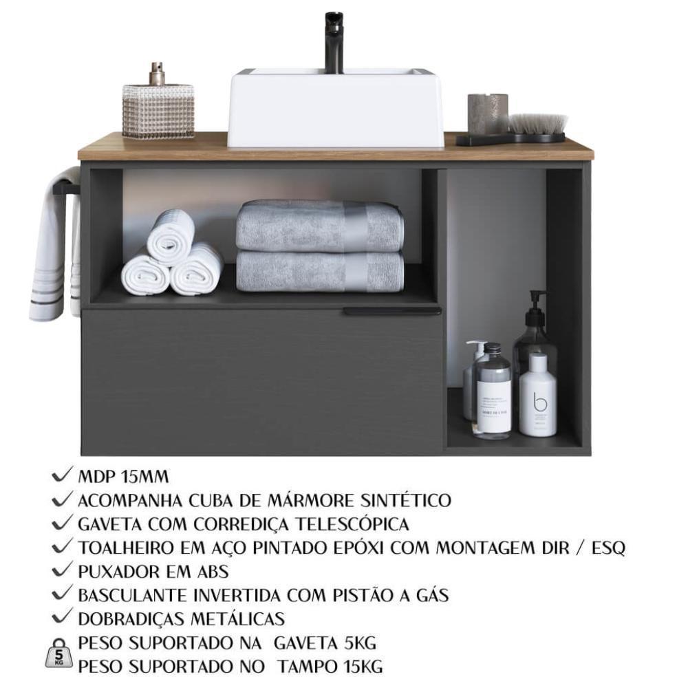 Gabinete Para Banheiro Com Cuba 01 Gav 80cm Mel Grafite Proddy Mel - 3