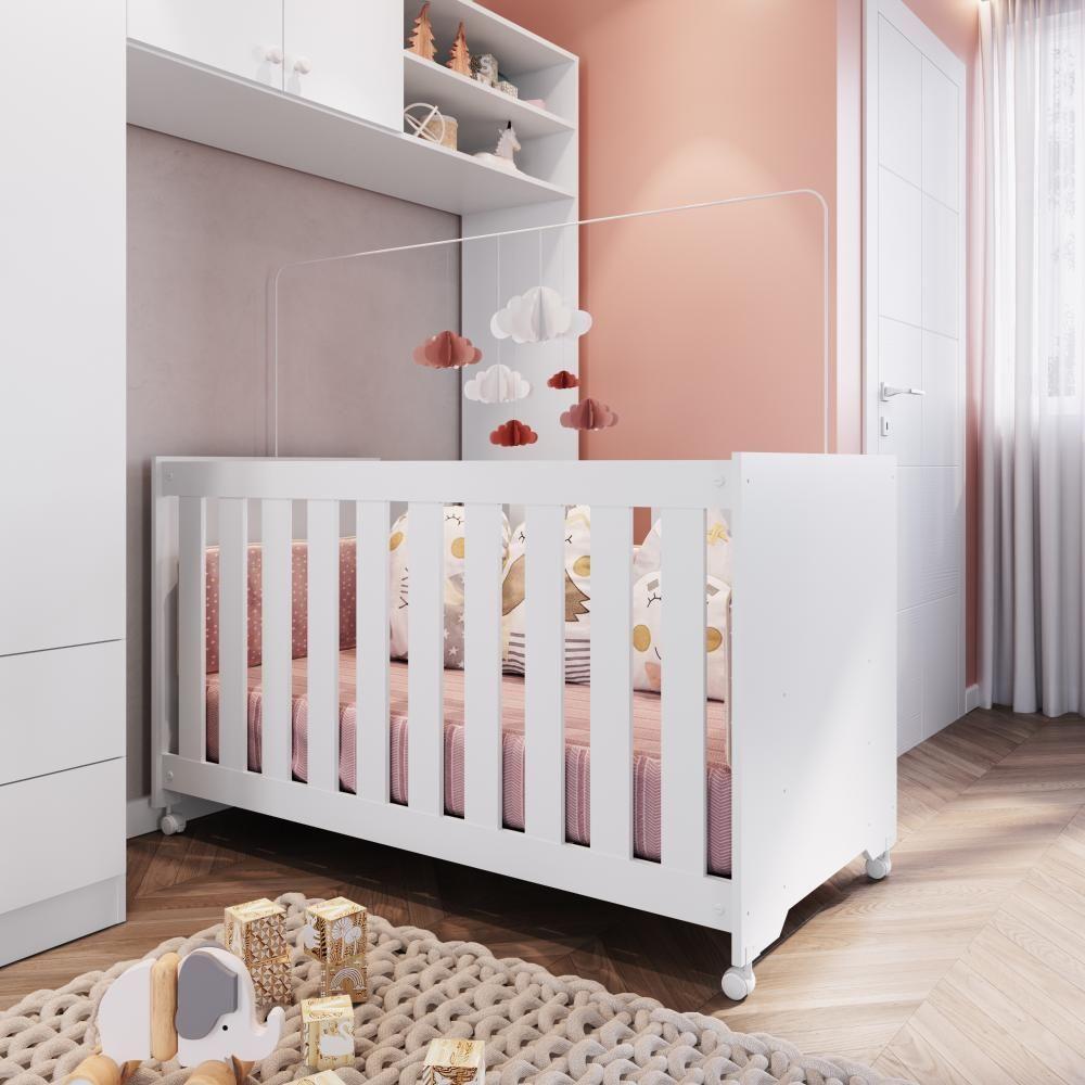 Berço Infantil Simples Com Rodas, Colchão, Regulagem De Altura E Grade Mdf 133cm Branco - 1