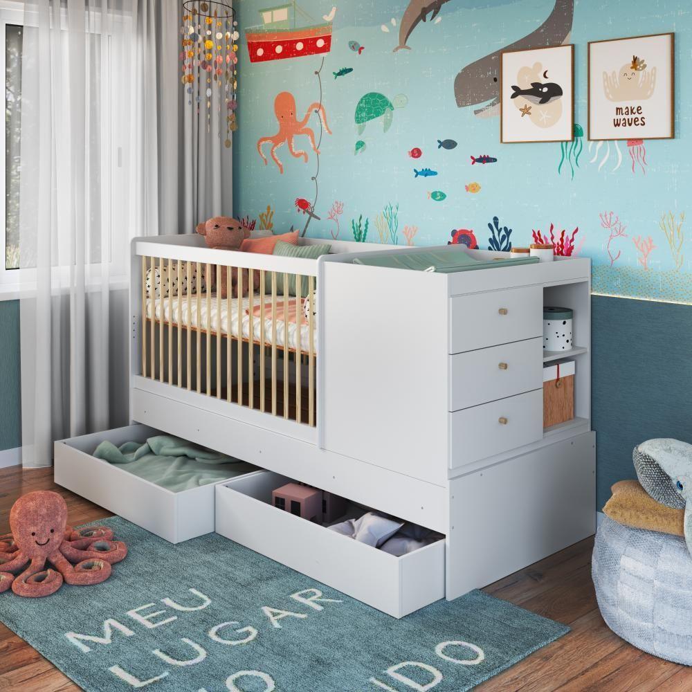 Berço Infantil Multifuncional Menino Menina 194cm Com Cômoda, Trocador E Gavetões Com Rodas Branco - 1