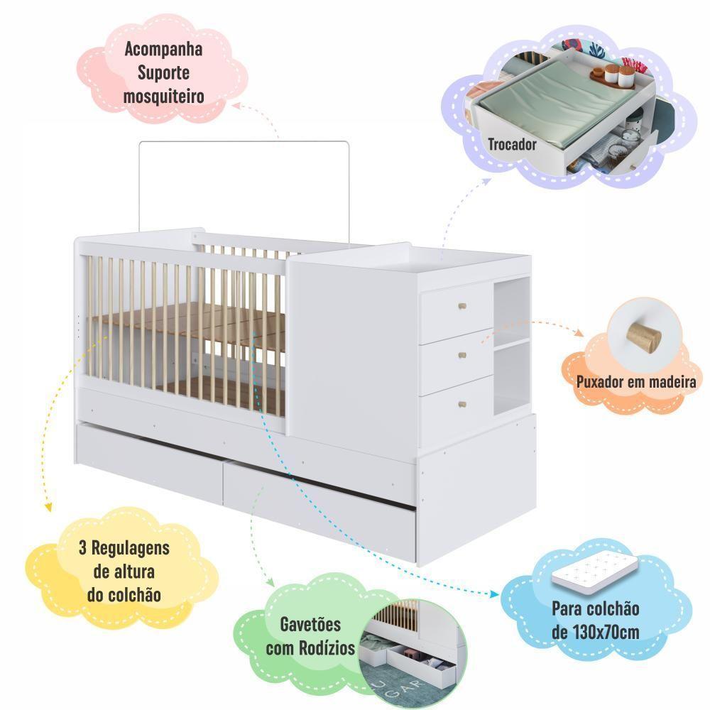 Berço Infantil Multifuncional Menino Menina 194cm Com Cômoda, Trocador E Gavetões Com Rodas Branco - 5