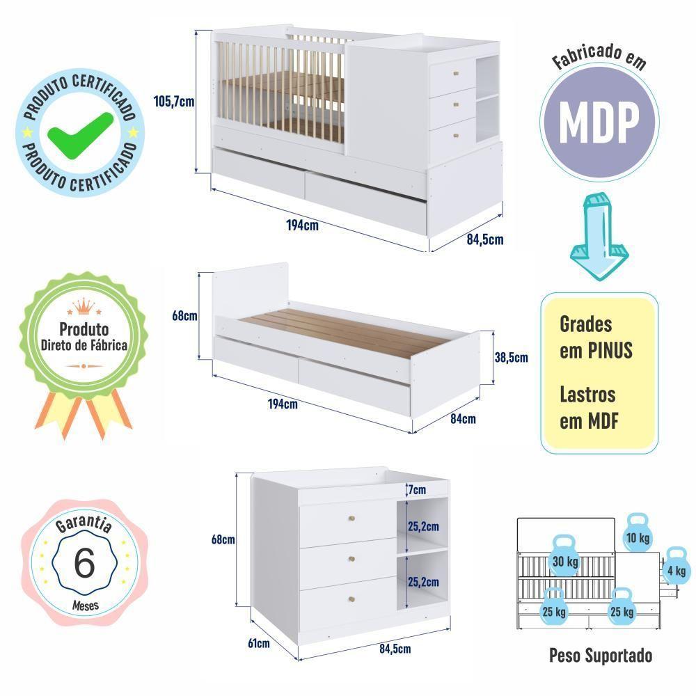 Berço Infantil Multifuncional Menino Menina 194cm Com Cômoda, Trocador E Gavetões Com Rodas Branco - 6