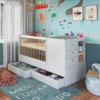 Berço Infantil Multifuncional Menino Menina com Cômoda Trocador e Gavetões MDP Branco