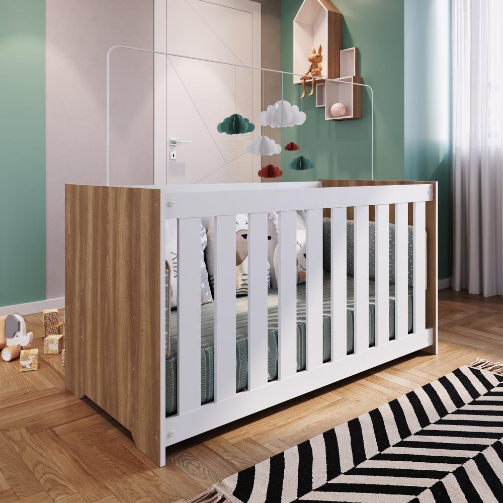 Berço Infantil Simples 133cm Com Regulagem De Altura E Grade Mdf Nogal Com Branco - 1