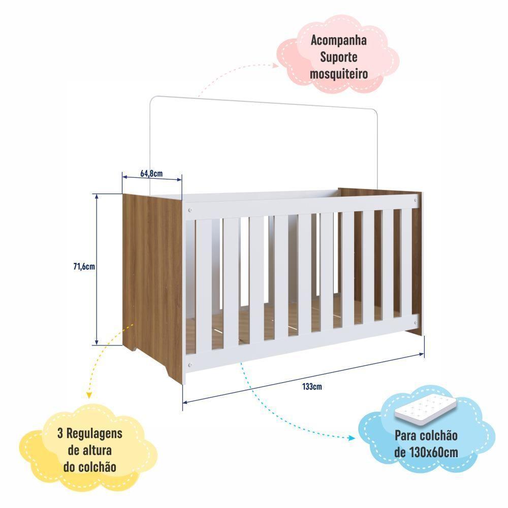Berço Infantil Simples 133cm Com Regulagem De Altura E Grade Mdf Nogal Com Branco - 3