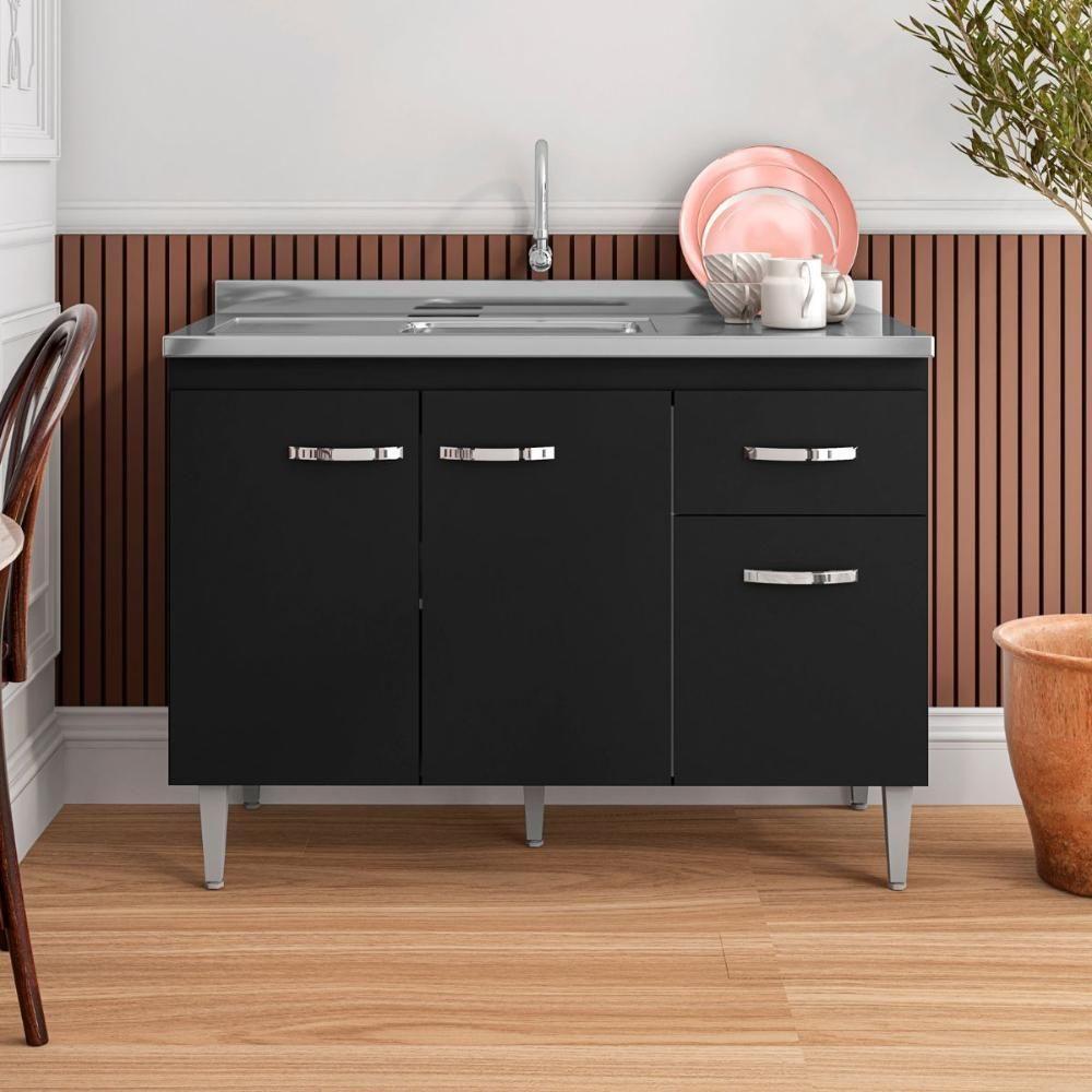 Balcão Para Cozinha 2 Portas 1,20m Derby Branco Preto Flex - 1