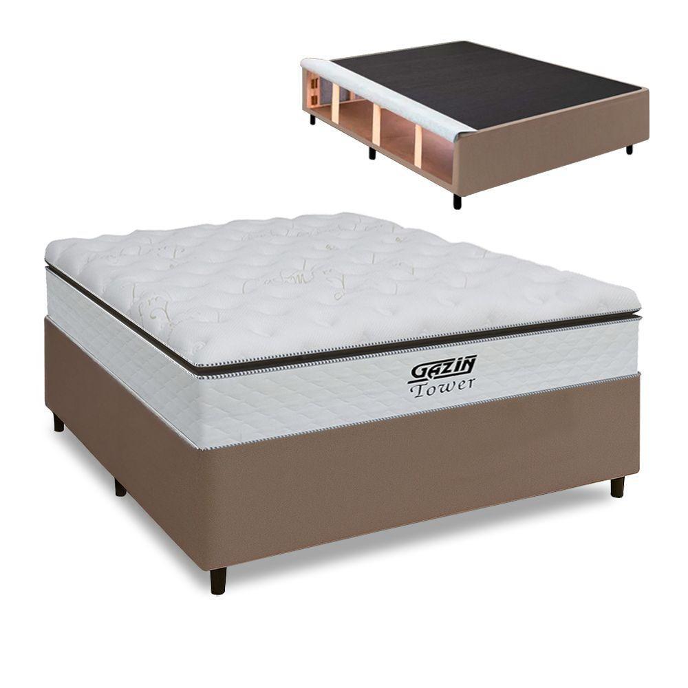 Cama Box Baú King Gazin Colchão Com Molas Ensacadas 193x203x78cm Tower Branco / Bege - 1