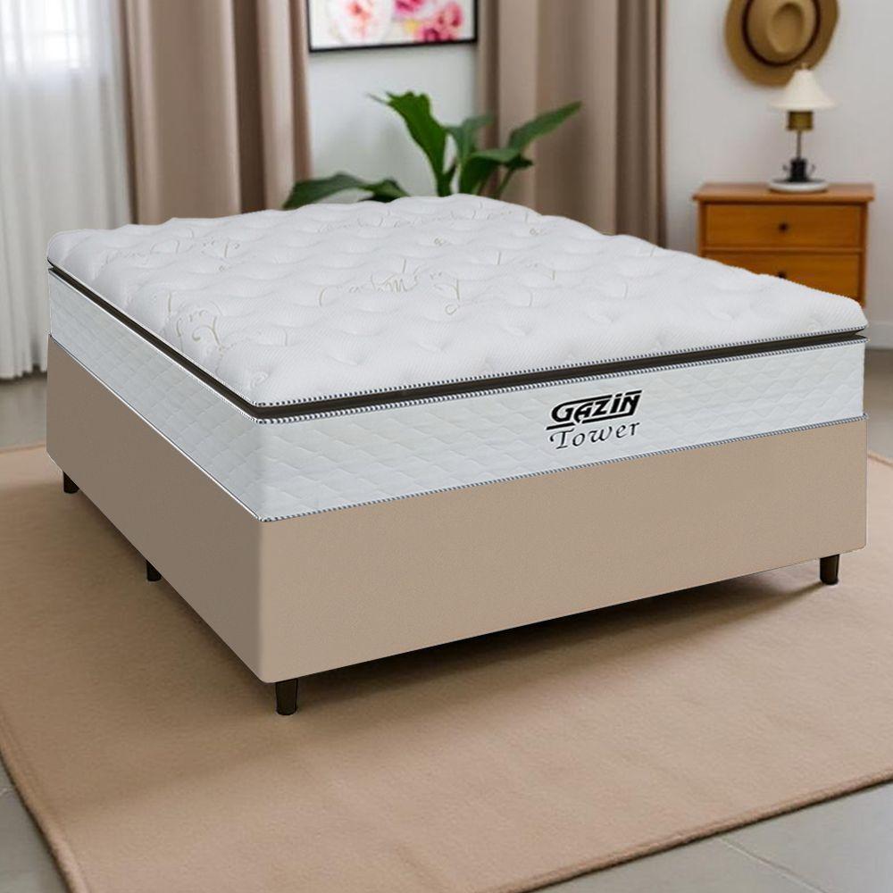 Cama Box Baú King Gazin Colchão Com Molas Ensacadas 193x203x78cm Tower Branco / Bege - 4