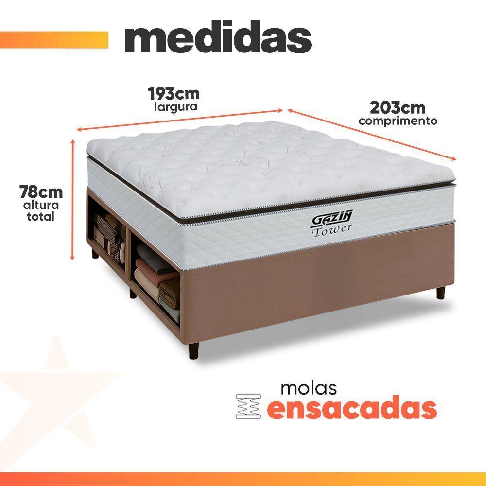 Cama Box Baú King Gazin Colchão Com Molas Ensacadas 193x203x78cm Tower Branco / Bege - 6