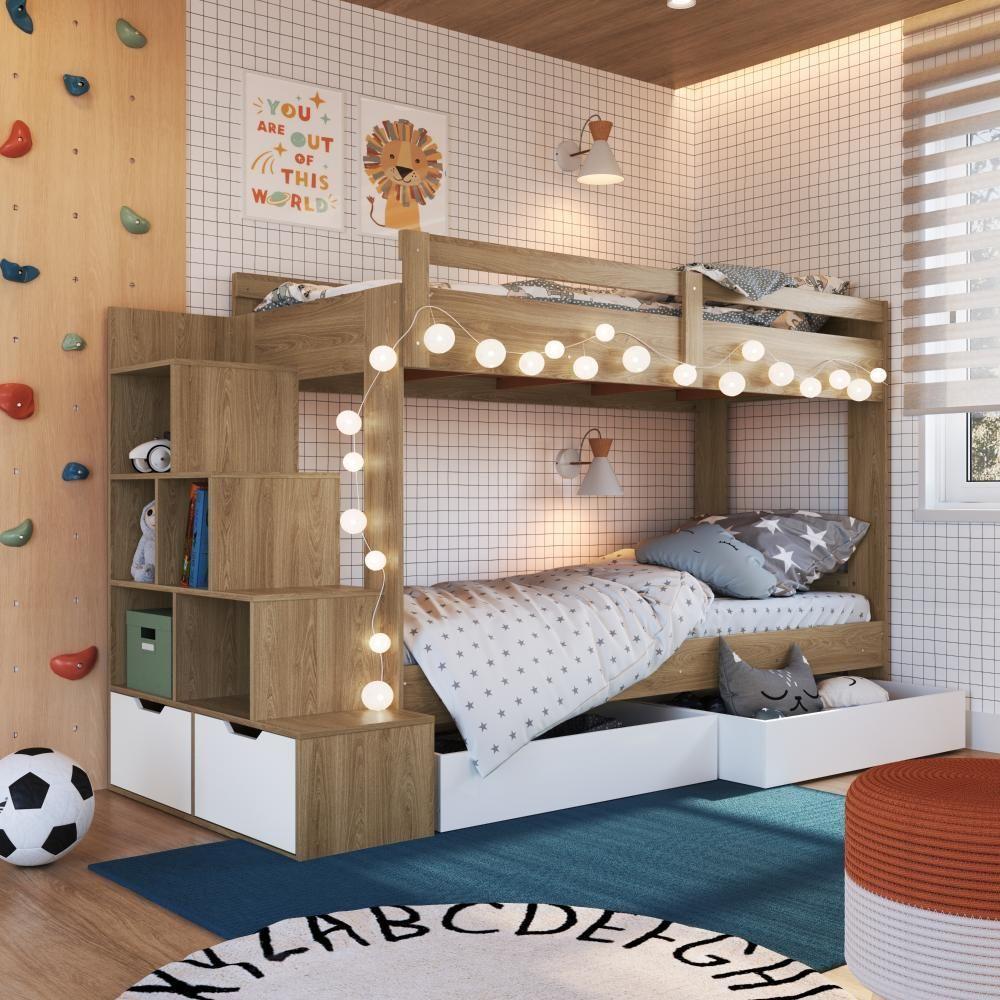 Cama Beliche Infantil Bicama Menino Menina 2,32m Com Escada, Nichos E Gavetas Com Rodas Aveiro Com Branco - 1