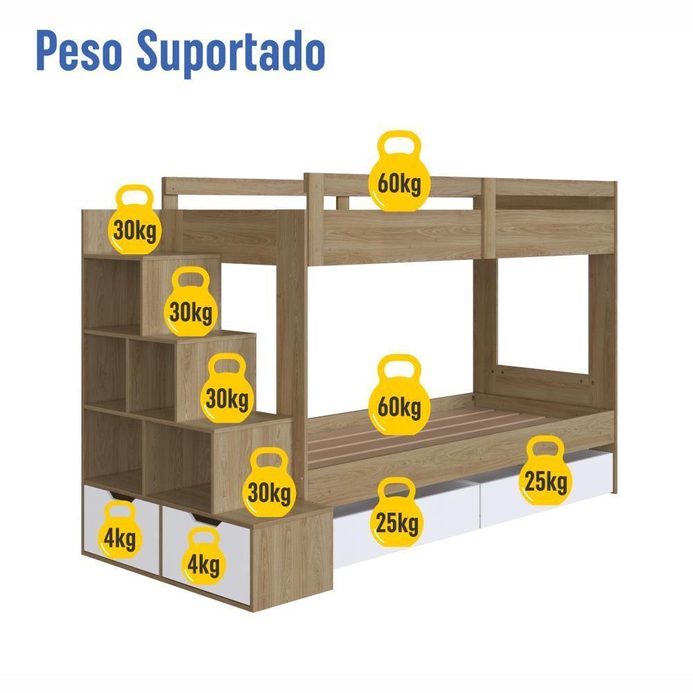 Cama Beliche Infantil Bicama Menino Menina 2,32m Com Escada, Nichos E Gavetas Com Rodas Aveiro Com Branco - 5