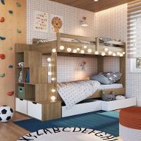 Cama Beliche Infantil Bicama Menino Menina 2,32m Com Escada, Nichos E Gavetas Com Rodas Aveiro Com Branco - 1