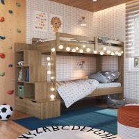 Cama Beliche Infantil Bicama Menino Menina 2,32m Com Escada, Nichos E Gavetas Aveiro Oak - 1