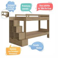 Cama Beliche Infantil Bicama Menino Menina 2,32m Com Escada, Nichos E Gavetas Aveiro Oak - 5