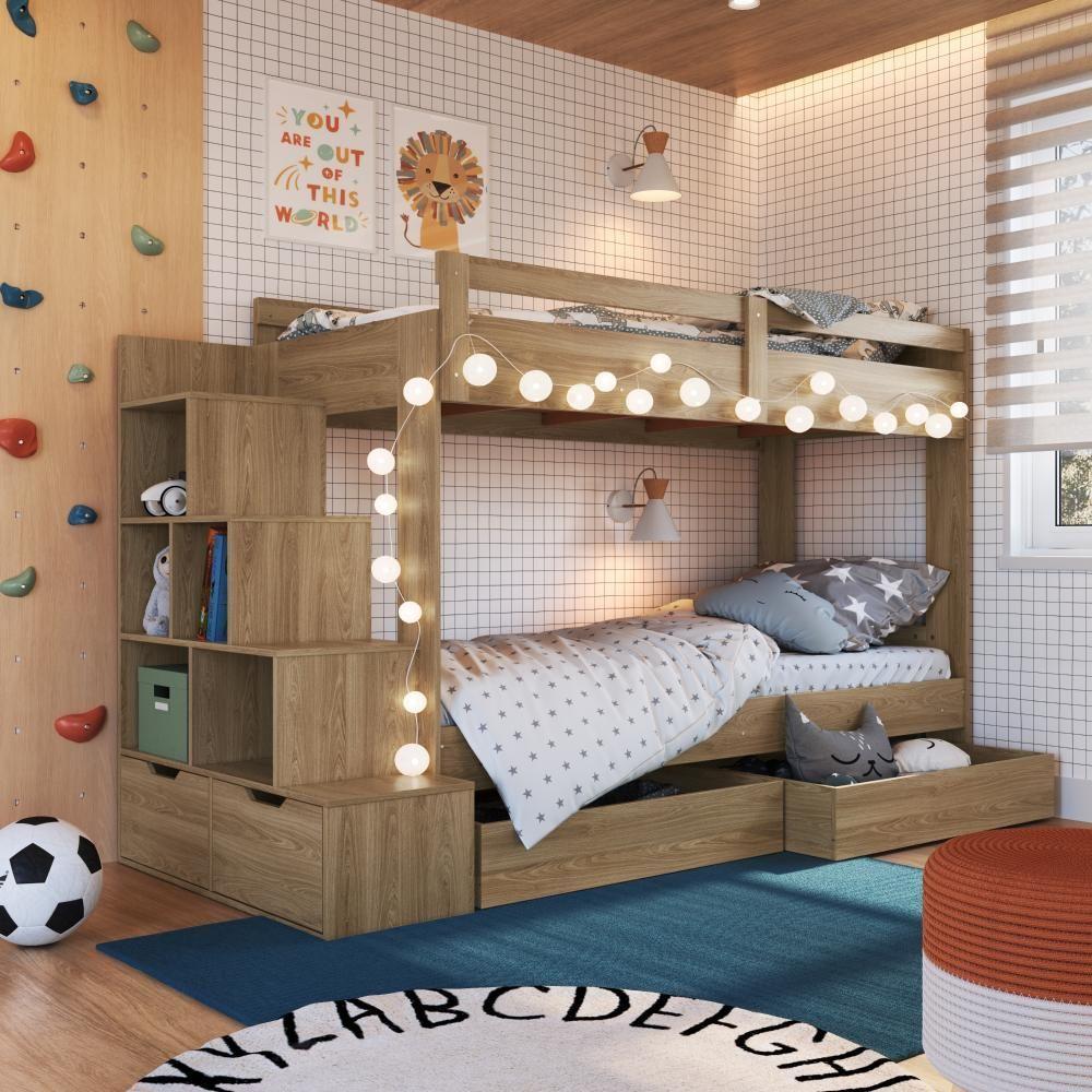 Cama Beliche Infantil Bicama Menino Menina 2,32m Com Escada, Nichos E Gavetas Com Rodas Aveiro Oak - 1